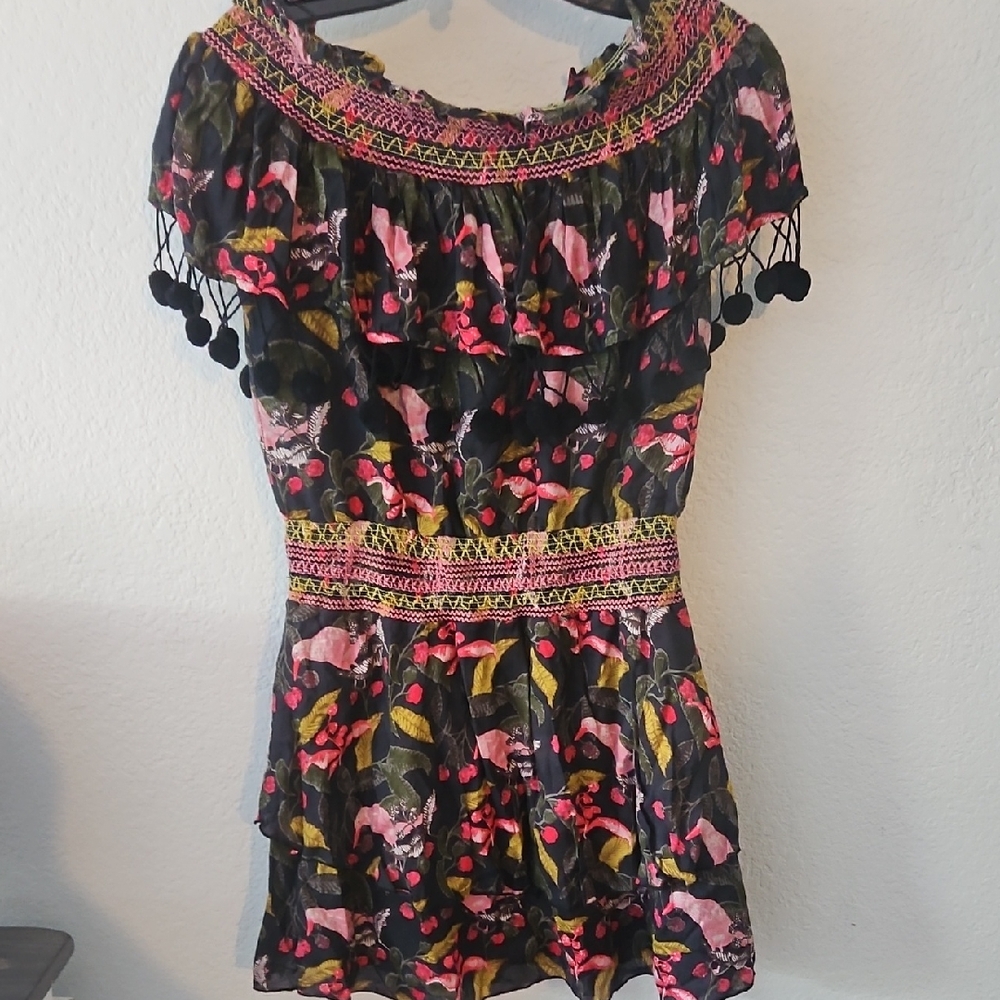 Red Carter Tropical Floral Off-Shoulder Dress with Pom Pom Details